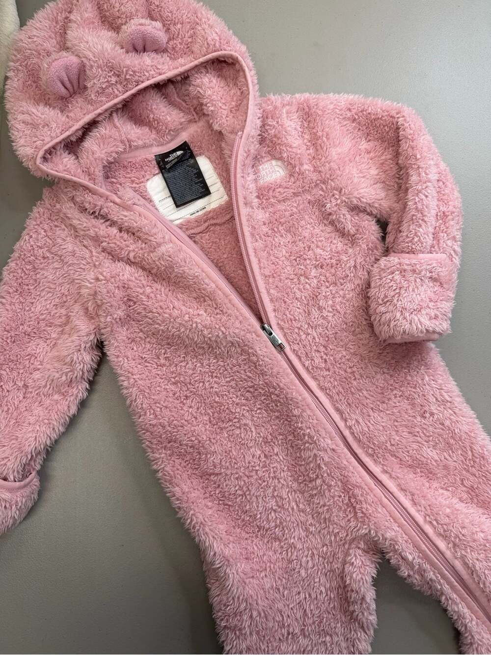 The North Face Pink Sherpa Hooded w/ Ears Baby One-Piece Footie Winter Outfit